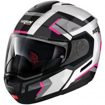 Casco Modular Nolan N90-3 06 Lighthouse Blanco-Rosa con sistema N-Com, diseño en negro, gris y rosa, talla M