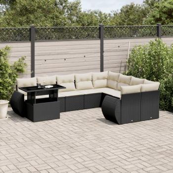 10-Piece Black Poly Rattan Garden Sofa Set with Cushions