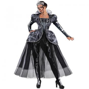Disfraz de Reina de las Catacumbas elegante para mujer - Disfraz completo, incluye vestido largo negro con detalles en encaje y terciopelo, capa con capucha, guantes largos y diadema decorativa. T