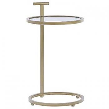 Mesa Auxiliar Glamour Dorada con Estructura de Hierro y Tapa de Vidrio Templado, Protección para Patas, Modelo Shelby