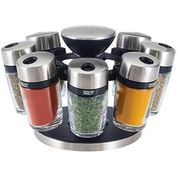 Cole & Mason H121807 Cambridge Organizador Giratorio para Hierbas y Especias Para 8 Tarros, Estante de Especias/Frascos con Tapas, Acero inoxidable/Vidrio, Especias Incluye, 2 Años de Garantía