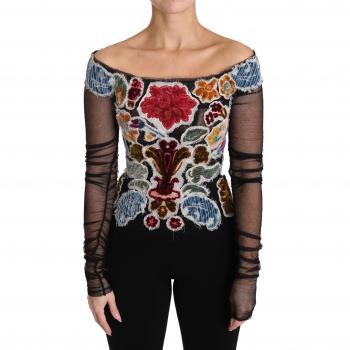 Dolce & Gabbana Black Floral Ricamo Long Sleeve T-shirt Blouse - Size XL