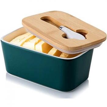 Mantequillera de Porcelana con Cuchillo y Tapa de Madera, Candiicap Contenedor Grande para Mantequilla, Recipiente Hermética para Todo Tipo de Mantequilla