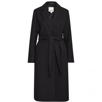 ICHI IHJANNET Women's Long Transition Coat with Pockets and Tie Belt, Regular Fit, Black