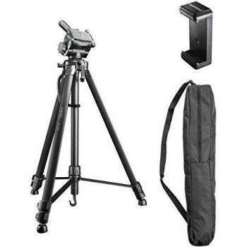 Trípode Básico Walimex pro WT-3570 de 168cm Negro - Soporta hasta 4kg, incluye cabeza panorámica de 3 vías, bolsa y soporte para smartphone
