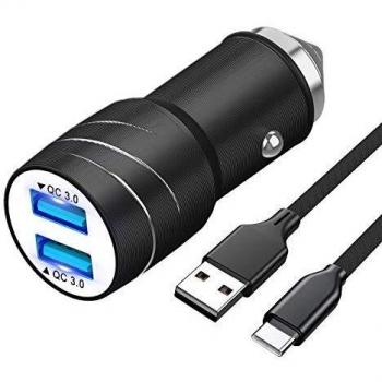Magichome Cargador Coche USB, Cargador de Coche QC3.0 Doble Puerto con LED, Cargador Móvil Coche con Cable de Carga USB de 1M Nylon Type C para Samsung Galaxy S10 S9 S8, Note9 / 8, LG G6 V30, Negro
