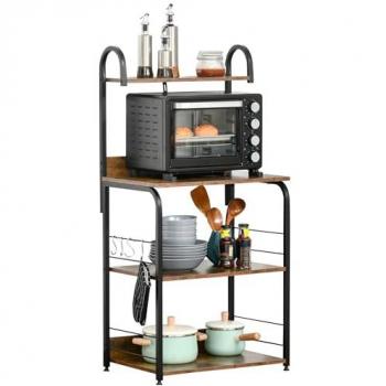 Estantería de Cocina Homcom de 4 Niveles con Ganchos para Microondas, Melamina de Madera y Acero, 60x40x125 cm, Marrón Rústico y Negro