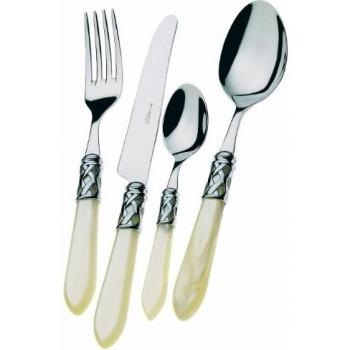 Cubertería BUGATTI, Aladdin, 24 piezas en acero inoxidable 18/10, aro cromado y mango de marfil con efecto nácar. Cubertería para 6 personas: 6 cucharas, 6 tenedores, 6 cuchillos y 6 cucharas de café
