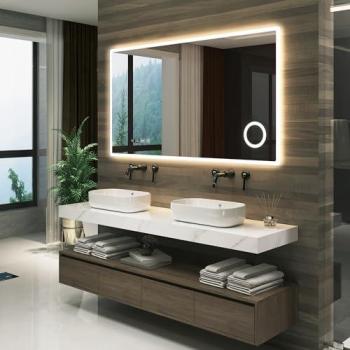 Espejo de pared LED Racale multifuncional para baño con reloj antivaho y lupa, 70 x 100 cm, blanco