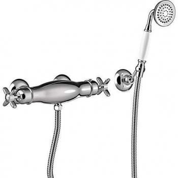 Ducha termostática Tres-Clasic, ducha de mano anticalcárea con soporte orientable, flexo doble engatillado, volante, 11,8 x 34,2 x 7 centímetros, color cromo