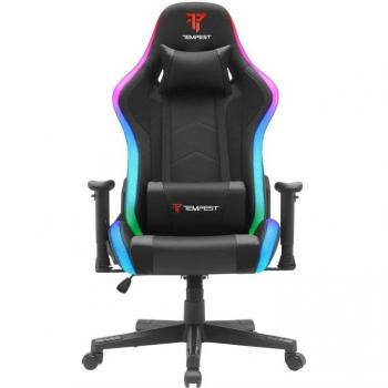 Silla Gaming Tempest Glare RGB Negra con iluminación LED, diseño ergonómico, reposabrazos ajustables, soporte lumbar y cojín para el cuello