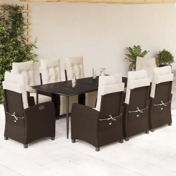 9-Piece Brown Poly Rattan Garden Dining Set with Cushions