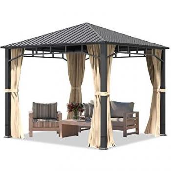 Cenador de jardín Toolport Hardtop Sunset Superior 3x3 m, techo sólido en acero, 4 cortinas en champán, perfil aprox 9x9 cm