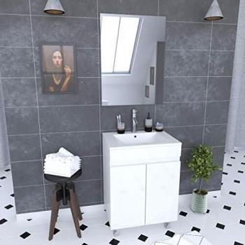 Mueble de baño 60x45x81 cm - MDF Melamina Blanca Brillante con Lavabo de Cerámica y Espejo