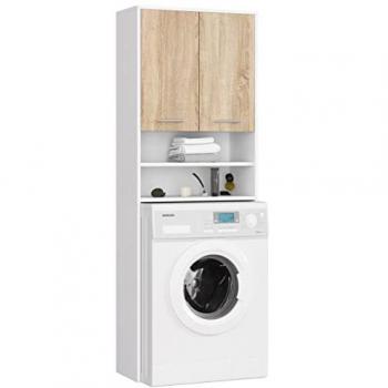 Armario de Baño de Pie Elfgund 180 cm Blanco/Roble Sonoma con 2 Puertas y 4 Estantes