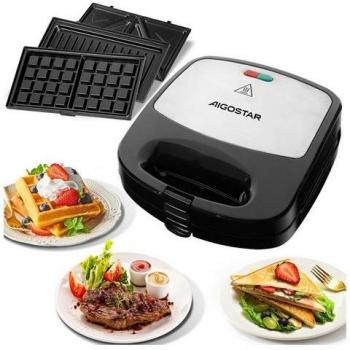 Sandwichera 3 en 1 Aigostar 800W - Gofrera, Grill y Sandwichera con Placas Intercambiables Antiadherentes, Almacenamiento Vertical y Libre de BPA