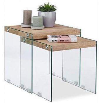 Set de 2 Mesas Auxiliares Cuadradas de Cristal y DM, Beige, Altura Ajustable 40-45 cm