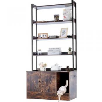 Vevor Large Wooden Cat Litter Box Enclosure with 4 Storage Shelves - Hidden Cat Washroom Furniture