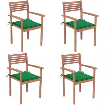 Teak Wood Garden Chairs Set of 4 with Green Cushions