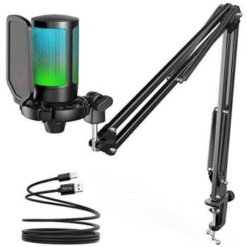 FIFINE Gaming Microfono para PC USB, RGB Kit de Micrófono de Condensador para Ordenador PS4 PS5, con Botón de Silencio, Filtro Anti-Pop, Soporte de Choque, Soporte Microfono - A6T