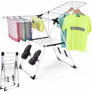 Perchero Plegable de Acero Inoxidable para Secado de Ropa, Secadora Portátil con 19 Barras y 4 Porta-Zapatos, Diseño de 2 Niveles
