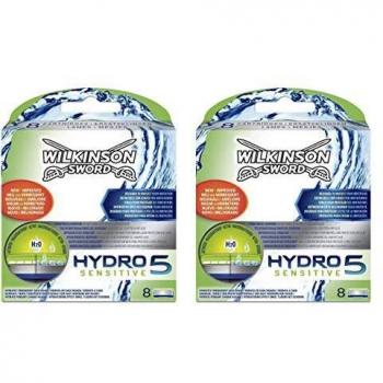Wilkinson Sword Hydro 5 Sensitive - Recambio de Cuchillas de Afeitar de 5 Hojas para Hombres con Piel Sensible, Banda Lubricante Extra Hidratante, Pack 16 Unidades, color Verde