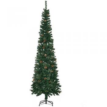 HOMCOM Árbol de Navidad Artificial 225 cm, 706 Ramas, Estrecho en Forma de Lápiz, con 56 Piñas y Base Plegable, Color Verde