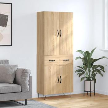 Aparador alto de madera contrachapada color roble 69,5x34x180 cm con 2 puertas y 2 cajones, mueble de almacenaje moderno para salón