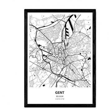 Póster Mapa de Gante, Bélgica - Lámina en Color Negro con Ciudades de Holanda y Bélgica, Mares y Ríos, Tamaño A4 sin Marco