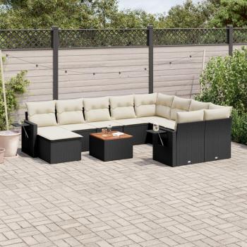 11-Piece Black Poly Rattan Garden Sofa Set with Cushions