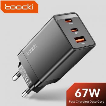 Toocki 67W GaN USB C Charger with 3 Ports, Quick Charge 4.0 and 3.0, PD 3.0, Fast Charging for iPhone 14/13 Pro, MacBook, Portable Wall