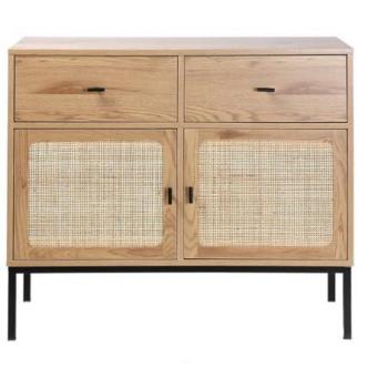 Cómoda de Madera 2 Puertas 2 Cajones con Rejilla de Ratán - 90 cm Marrón