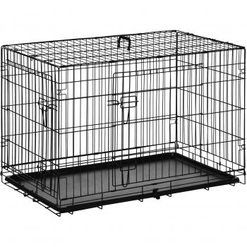 Transportín para perros de 2 puertas plegable con asa, acero, color negro