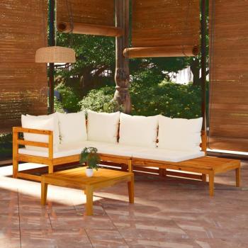 Juego de sofás de jardín 4 piezas con cojines blancos crema y estructura de madera de acacia