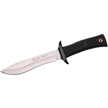 Cuchillo Muela Outdoor 55-16 - Cuchillo de supervivencia con mango ergonómico de goma y zamak en color negro, hoja de 150 mm y funda de cuero marrón