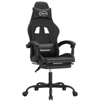 Silla gaming giratoria y reposapiés cuero sintético negro