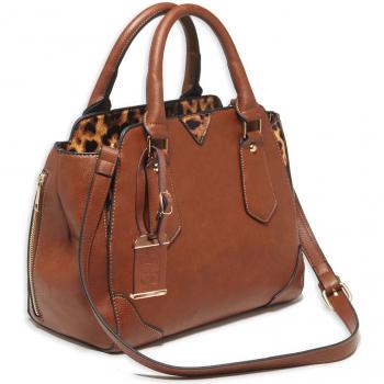 BULLDOG BDP-024 Satchel Style Purse w/Holster - Chestnut w/Leopard Trim (16 INCH x 9.5 INCH x 5.5 INCH)