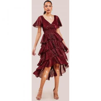Goddiva Crinkle Lurex High Low Layered Midi Dress - Wine - Size 12 UK