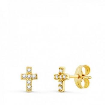 Pendientes de oro 18k con cruz para niña con diamantes