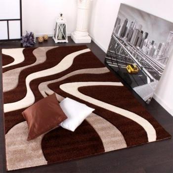 Paco Home Alfombra De Diseño Perfilado - Estampado De Ondas - Marrón Beige Crema, tamaño:240x330 cm