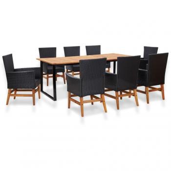 9 Piece Black Poly Rattan and Acacia Wood Outdoor Dining Set