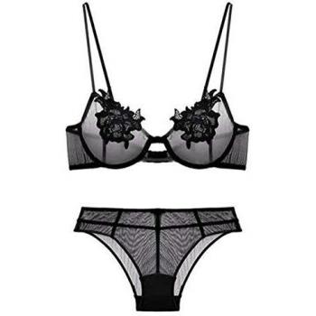Awake Lingerie Eva Conjunto de Lenceria, Sujetador de Malla con Aplicación Floral sin Relleno y Bragas Sexy, Mujer