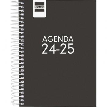 Agenda escolar Finocam Cool 2024-2025 con tapa negra, tamaño 120x164 mm y página por día en catalán
