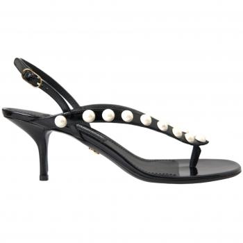 Dolce & Gabbana Black Leather Faux Pearl Heel Sandals, High Heel Sandals for Women, Size EU39/US8.5, UK6, US9