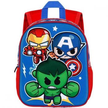 Mochila 3D Mini Heroes Los Vengadores Avengers Marvel 31cm, mochila pequeña de diseño en 3D, temática de los Vengadores, fabricada por Karactermania, color azul