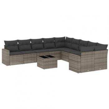 11-Piece Grey Poly Rattan Garden Sofa Set with Cushions