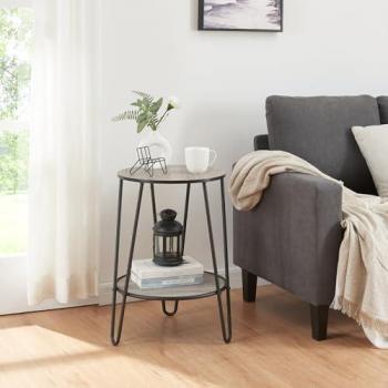 Mesa Auxiliar Redonda Ylöjärvi con Estante MDF Metal 61x44x44 cm - Negro/Efecto Roble