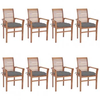 Set of 8 Solid Teak Dining Chairs with Gray Cushions
