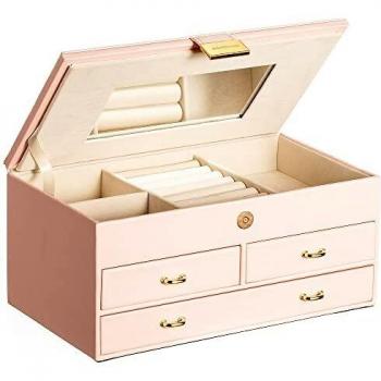 ADEL DREAM Joyero con 2 cajones, organizador de joyas con llave con espejo, estuche de viaje extraíble, para anillos, pulseras, pendientes, forro de terciopelo, color rosa J11-2