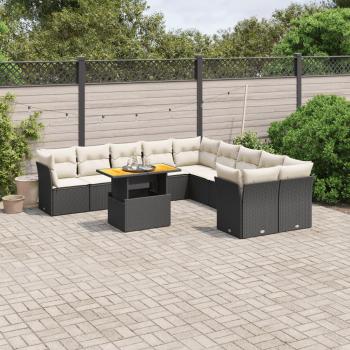 11-Piece Black Poly Rattan Garden Sofa Set with Cushions